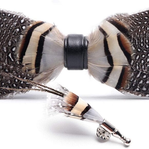 Handmade Feather Pre-tied Bow tie and Brooch Sets for Men